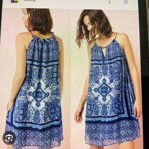 MNG by Mango Blue Paisley Print Braided Strap Halter Mini Dress, Size Medium